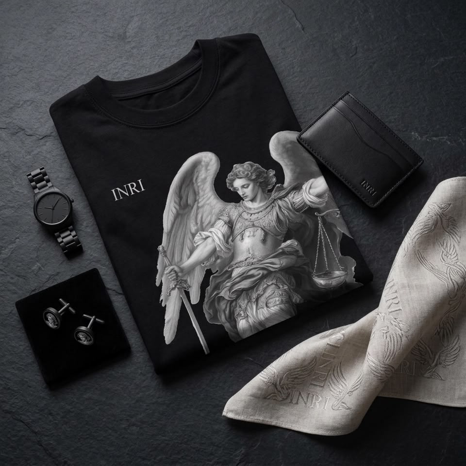 Camisa QUIS UT DEUS doblada junto a accesorios INRI