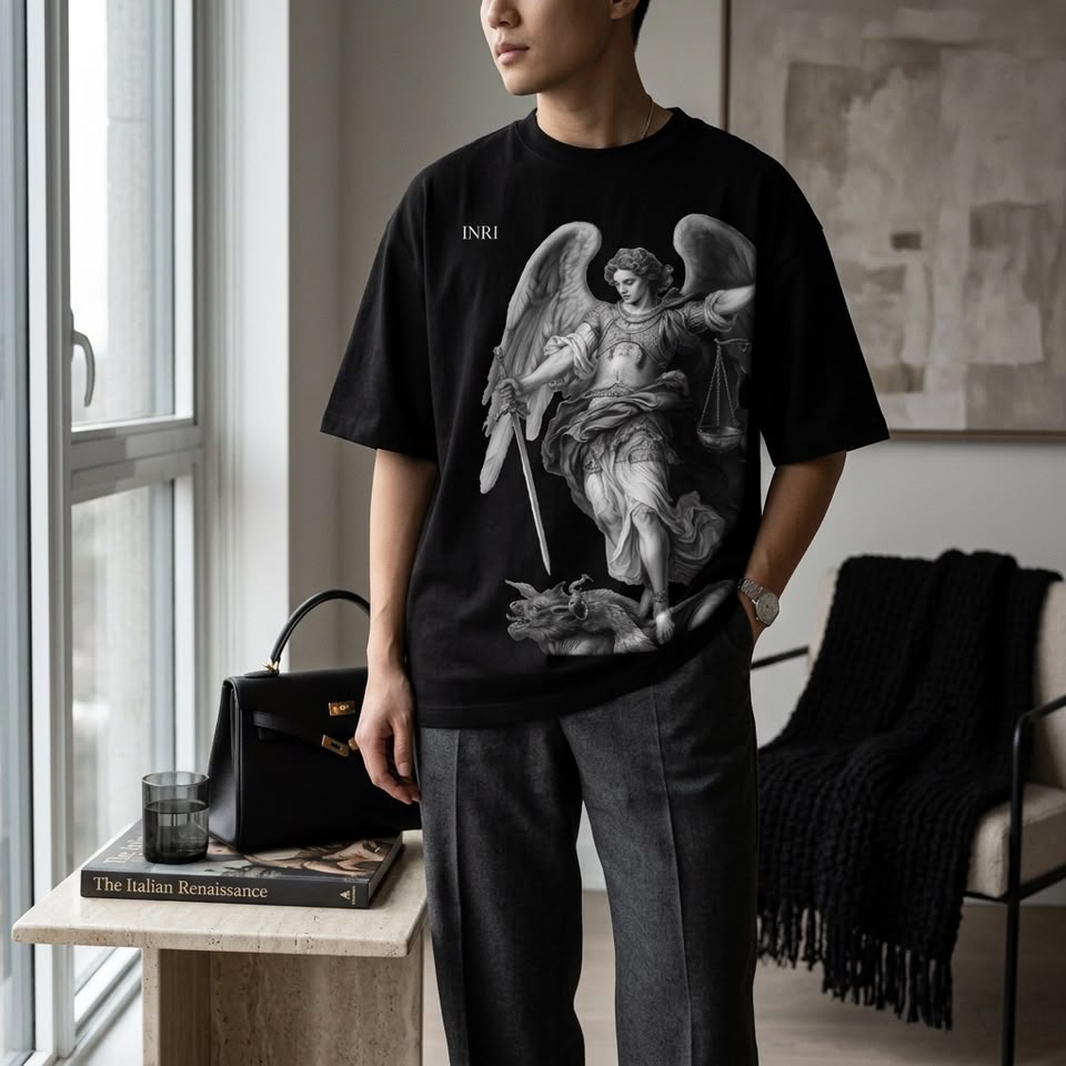 Modelo vistiendo la camisa oversized QUIS UT DEUS de INRI Clothing